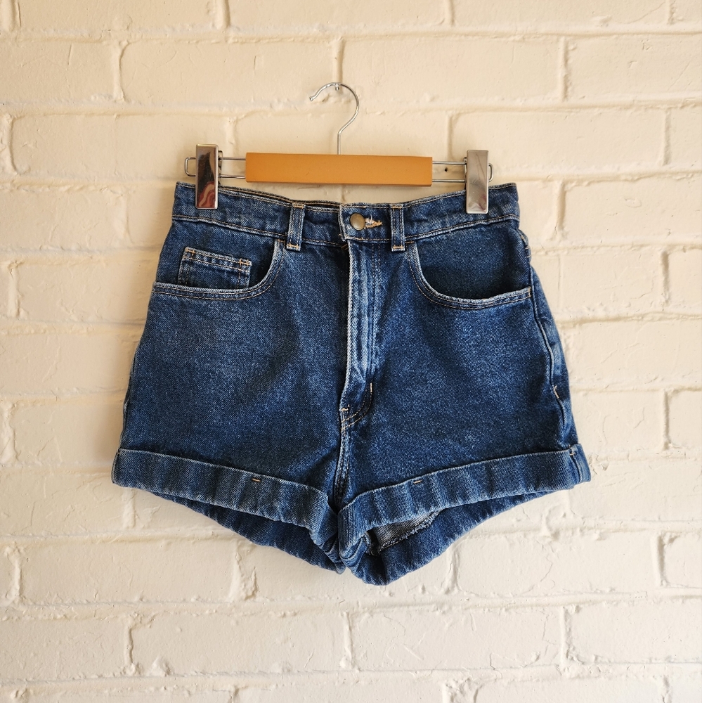 American Apparel High-Waisted Cuffed Dark Wash Blue Denim Jean Shorts Size 26